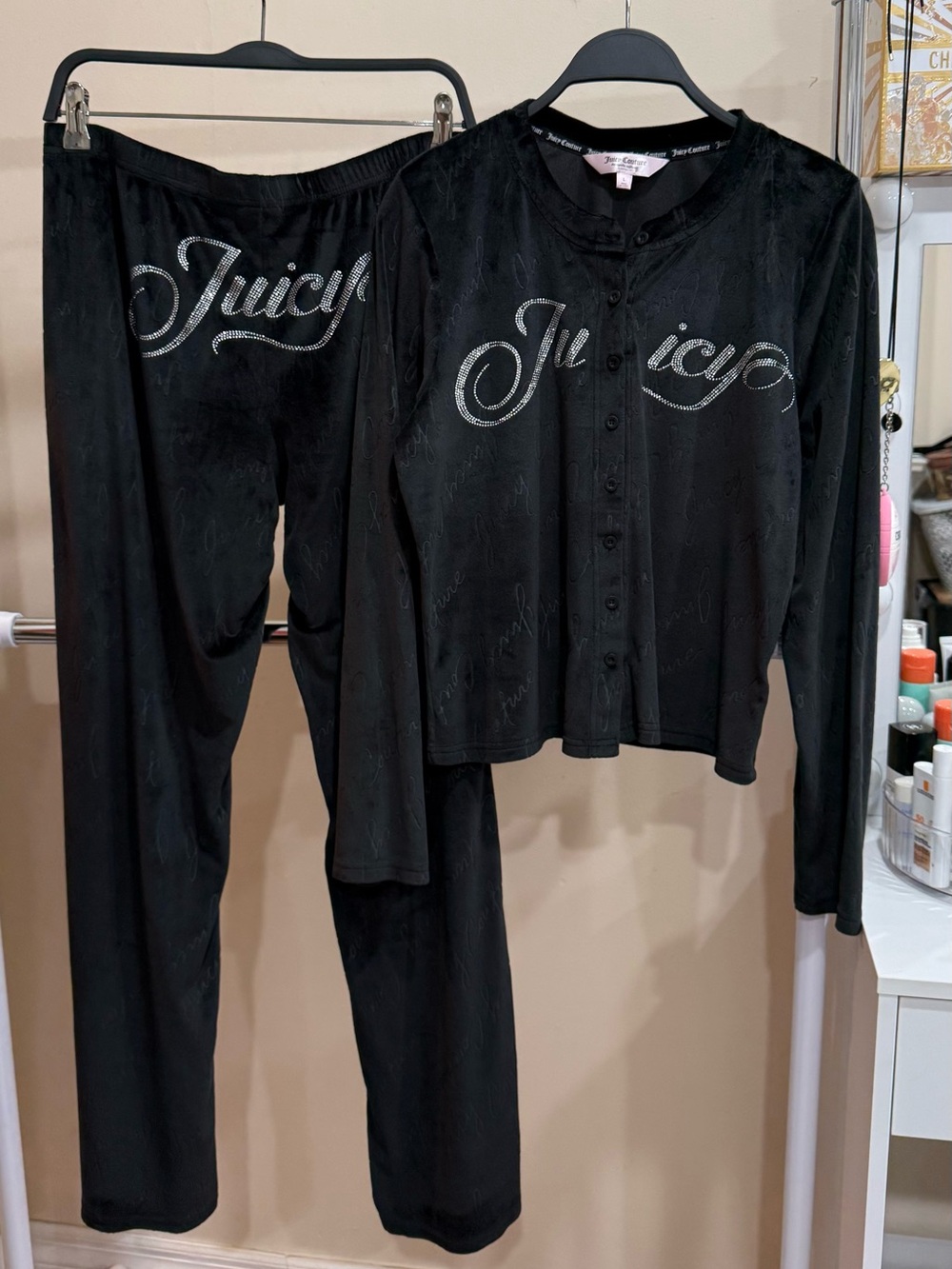 Juicy Couture Black Velour Pajama Set Rhinestone Logo Size L